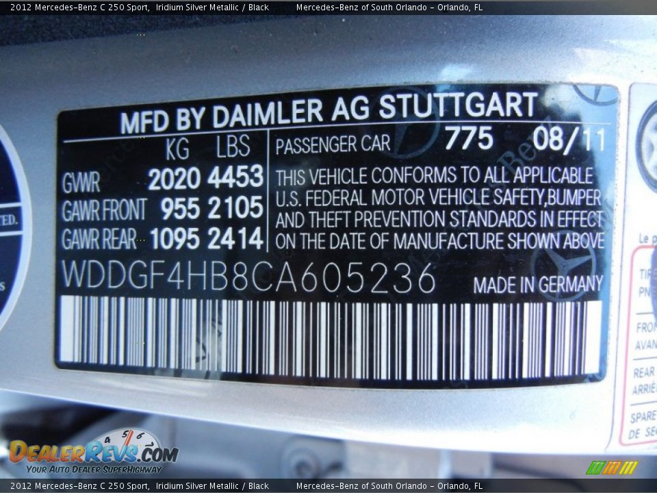 2012 Mercedes-Benz C 250 Sport Iridium Silver Metallic / Black Photo #28