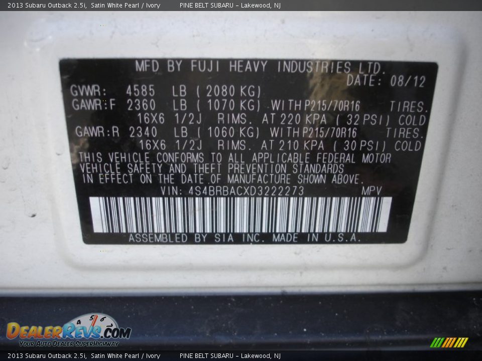 2013 Subaru Outback 2.5i Satin White Pearl / Ivory Photo #14