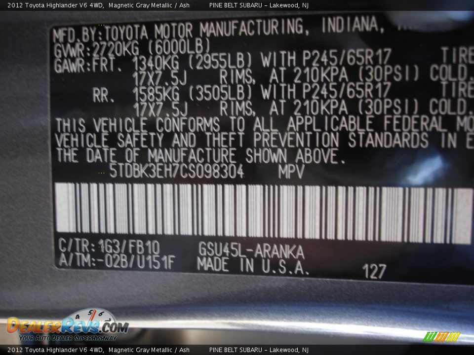 2012 Toyota Highlander V6 4WD Magnetic Gray Metallic / Ash Photo #16