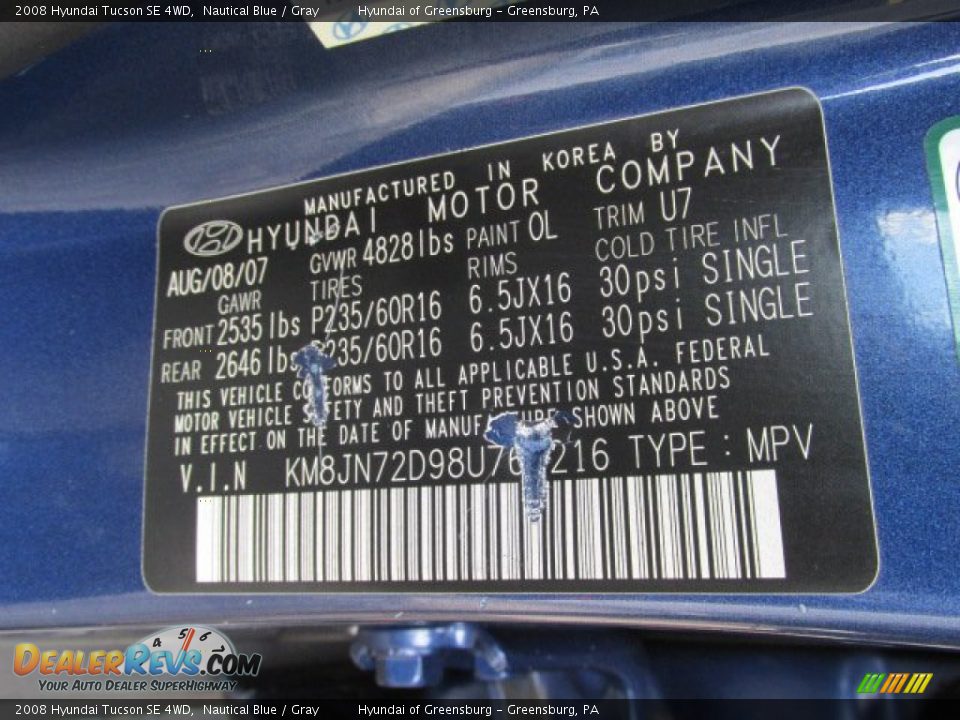 2008 Hyundai Tucson SE 4WD Nautical Blue / Gray Photo #23