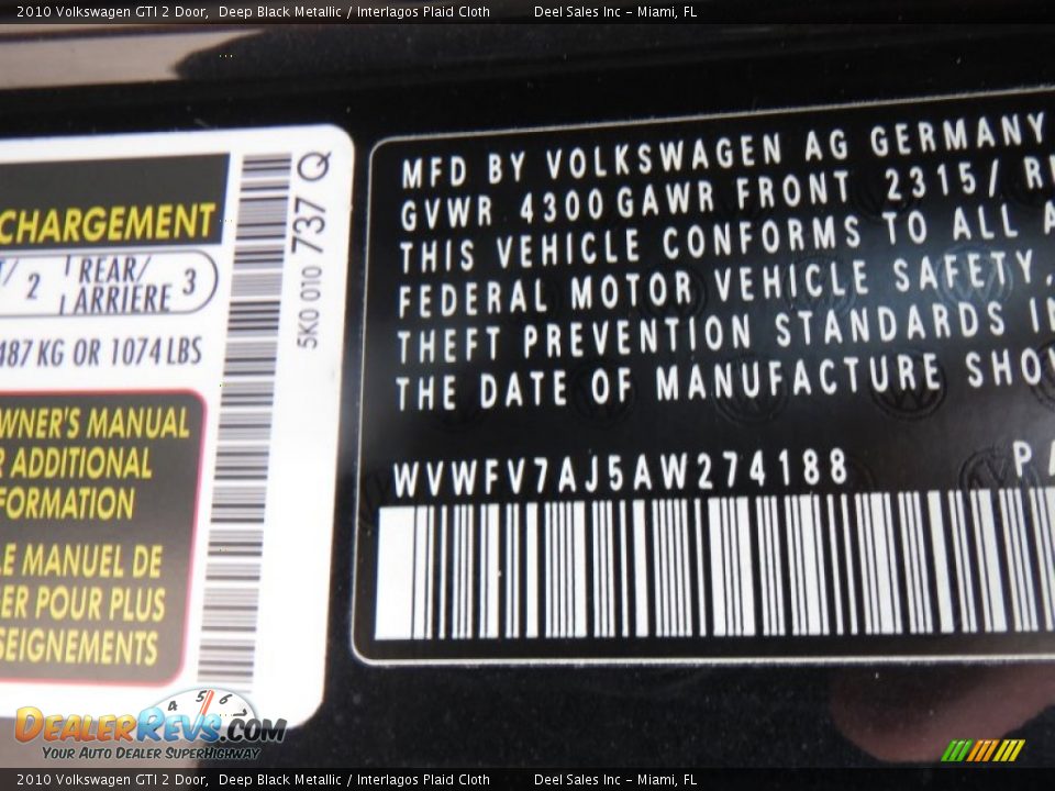 2010 Volkswagen GTI 2 Door Deep Black Metallic / Interlagos Plaid Cloth Photo #14