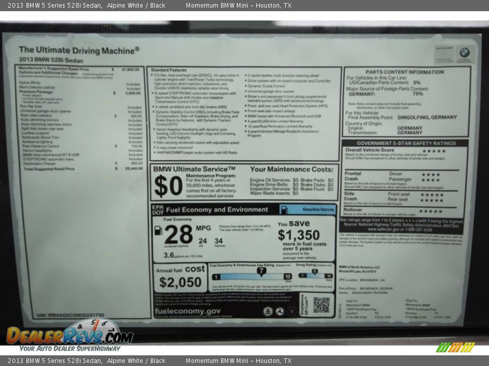 2013 BMW 5 Series 528i Sedan Alpine White / Black Photo #32