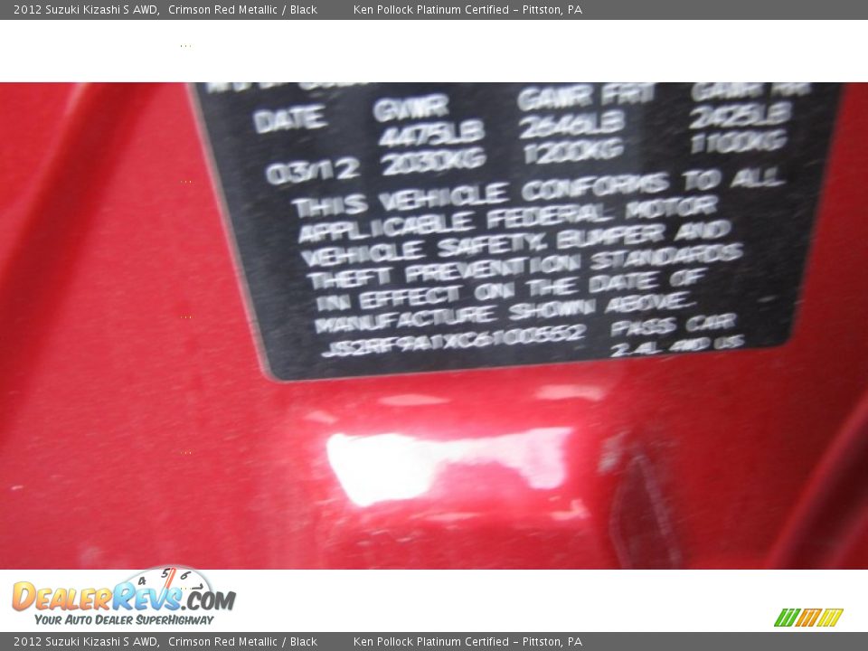 2012 Suzuki Kizashi S AWD Crimson Red Metallic / Black Photo #30
