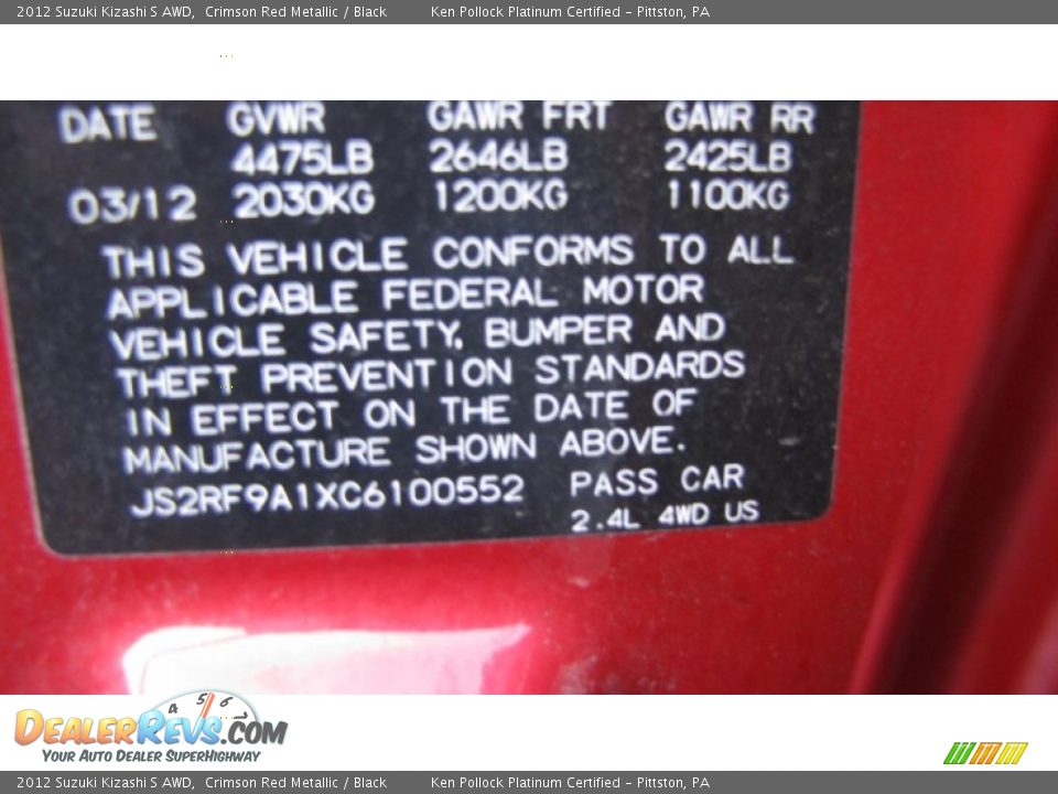 2012 Suzuki Kizashi S AWD Crimson Red Metallic / Black Photo #31