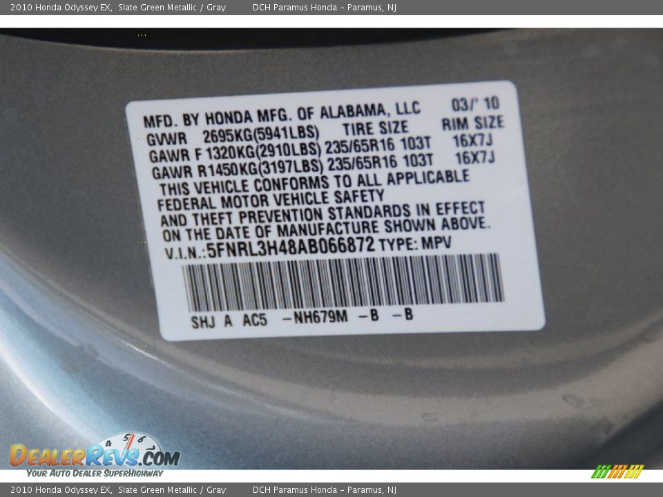 2010 Honda Odyssey EX Slate Green Metallic / Gray Photo #25