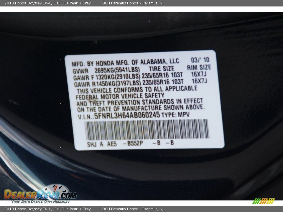 2010 Honda Odyssey EX-L Bali Blue Pearl / Gray Photo #26