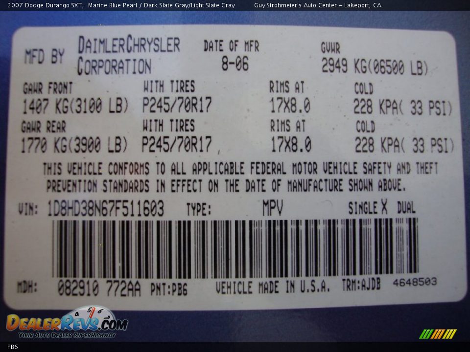 Dodge Color Code PB6 Marine Blue Pearl