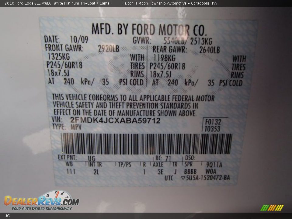 Ford Color Code UG White Platinum Tri-Coat