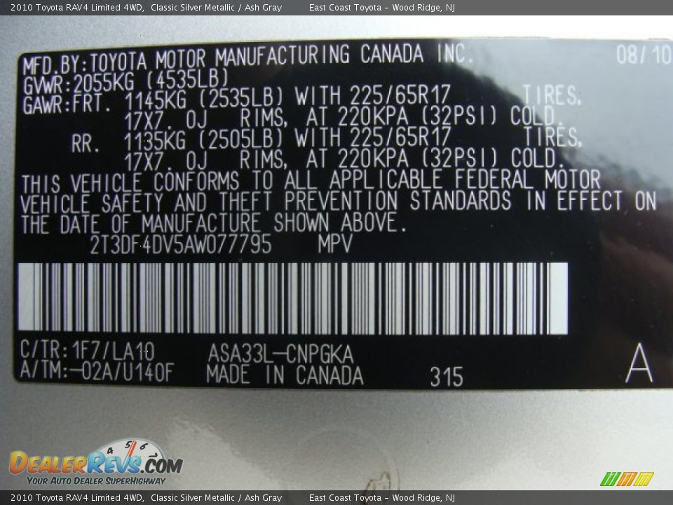 2010 Toyota RAV4 Limited 4WD Classic Silver Metallic / Ash Gray Photo #15