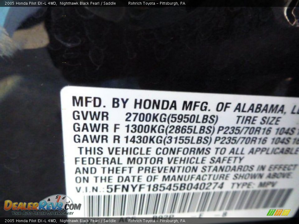 2005 Honda Pilot EX-L 4WD Nighthawk Black Pearl / Saddle Photo #20