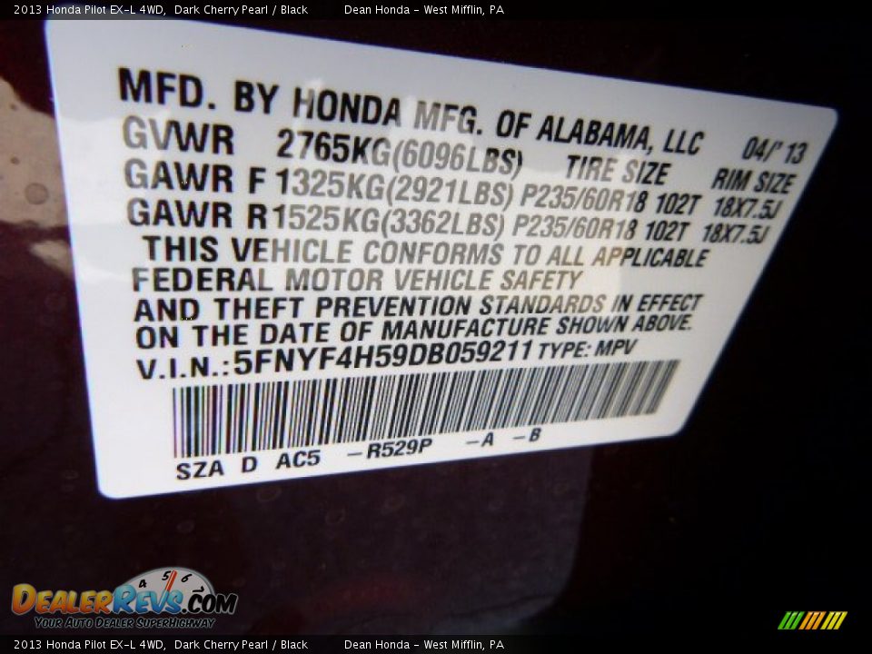2013 Honda Pilot EX-L 4WD Dark Cherry Pearl / Black Photo #19
