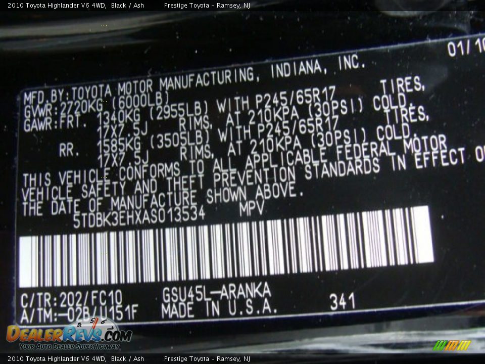 2010 Toyota Highlander V6 4WD Black / Ash Photo #15