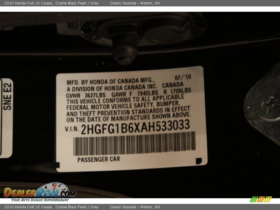 2010 Honda Civic LX Coupe Crystal Black Pearl / Gray Photo #16
