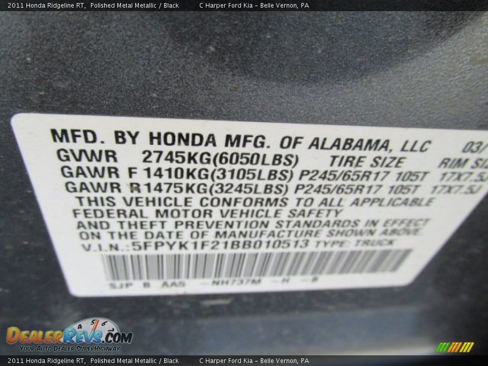 2011 Honda Ridgeline RT Polished Metal Metallic / Black Photo #23