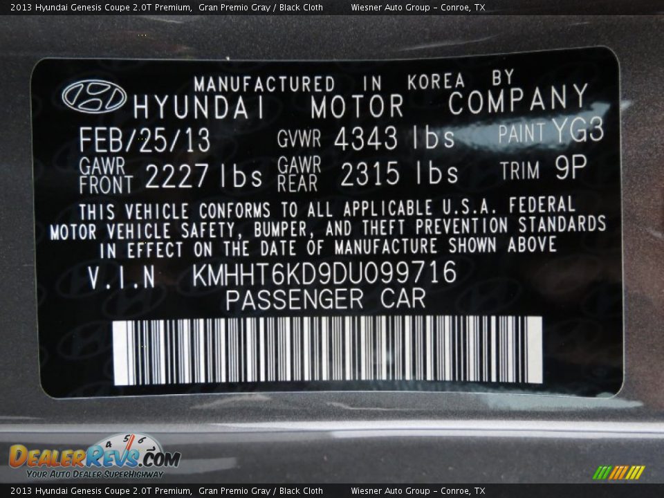 2013 Hyundai Genesis Coupe 2.0T Premium Gran Premio Gray / Black Cloth Photo #7