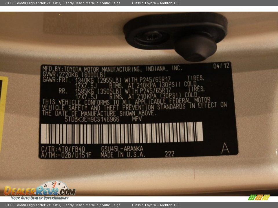 2012 Toyota Highlander V6 4WD Sandy Beach Metallic / Sand Beige Photo #19