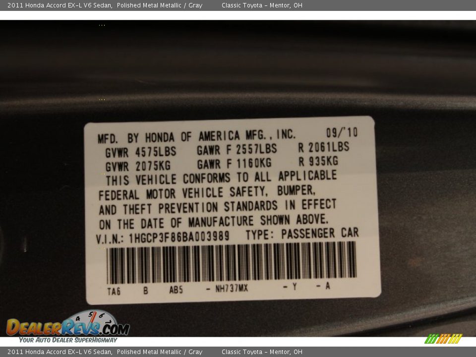 2011 Honda Accord EX-L V6 Sedan Polished Metal Metallic / Gray Photo #17