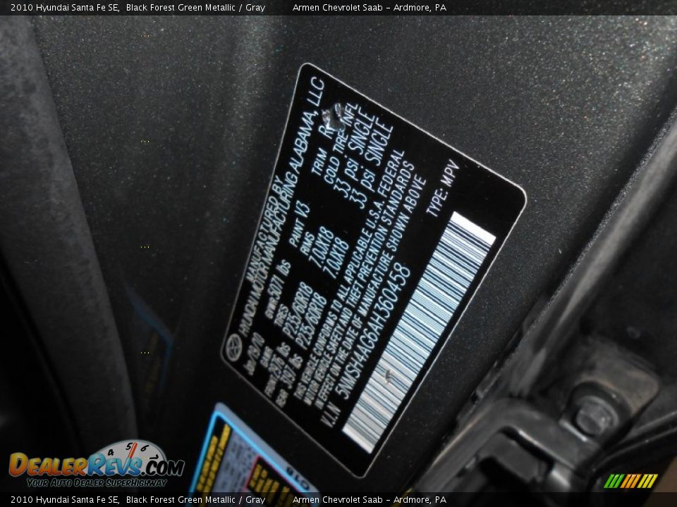 2010 Hyundai Santa Fe SE Black Forest Green Metallic / Gray Photo #26