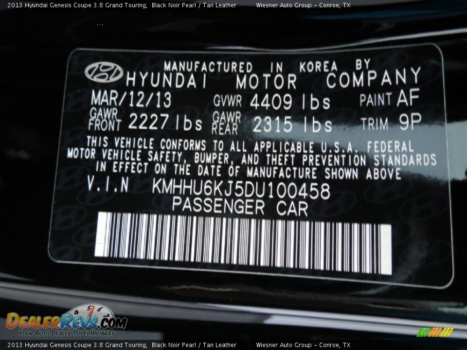 2013 Hyundai Genesis Coupe 3.8 Grand Touring Black Noir Pearl / Tan Leather Photo #7