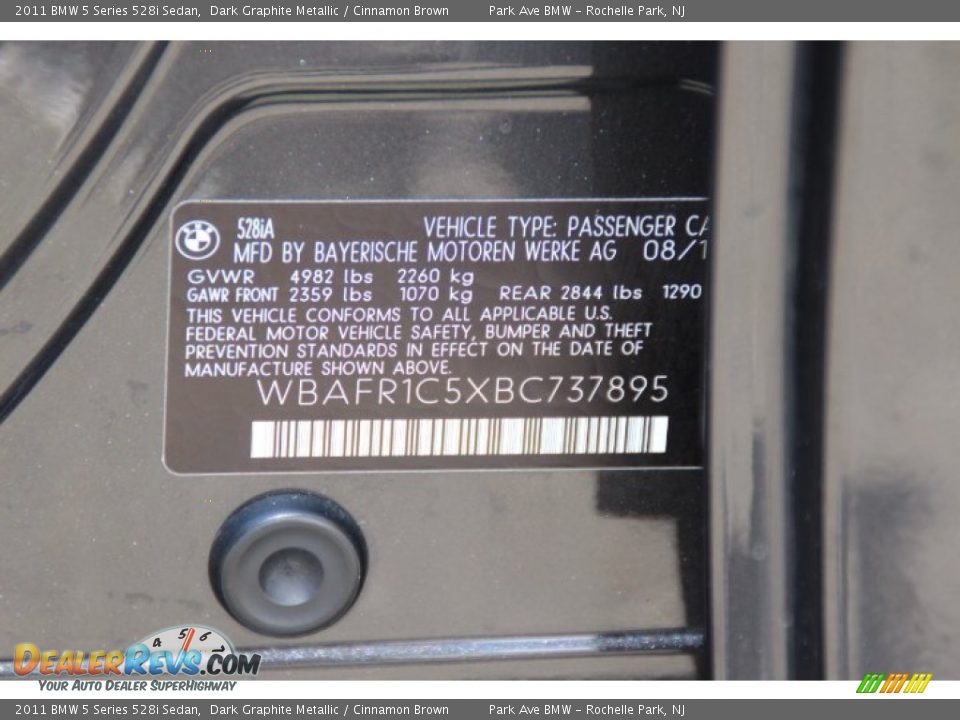 2011 BMW 5 Series 528i Sedan Dark Graphite Metallic / Cinnamon Brown Photo #33