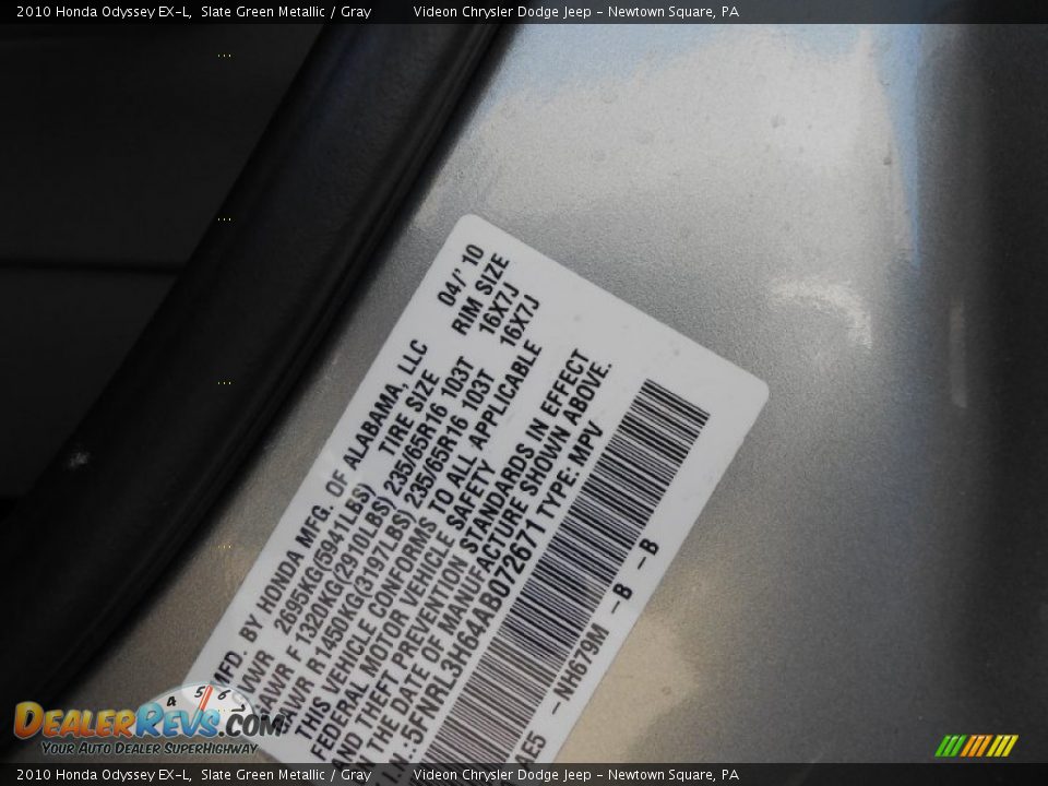 2010 Honda Odyssey EX-L Slate Green Metallic / Gray Photo #25
