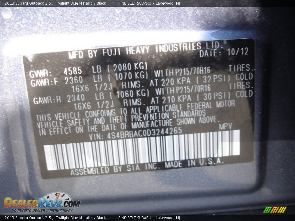 2013 Subaru Outback 2.5i Twilight Blue Metallic / Black Photo #15