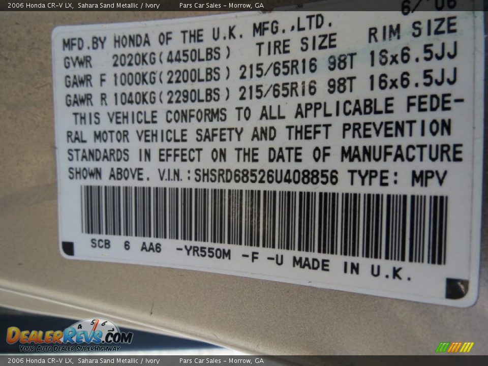 2006 Honda CR-V LX Sahara Sand Metallic / Ivory Photo #15