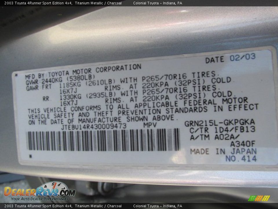 2003 Toyota 4Runner Sport Edition 4x4 Titanium Metallic / Charcoal Photo #19