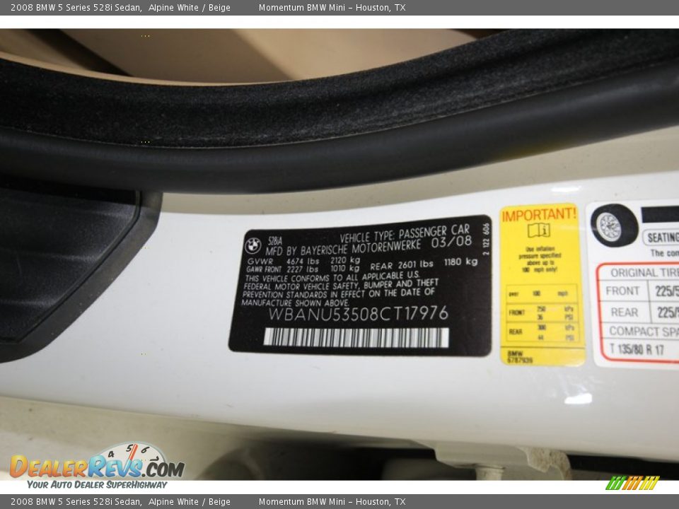 2008 BMW 5 Series 528i Sedan Alpine White / Beige Photo #9