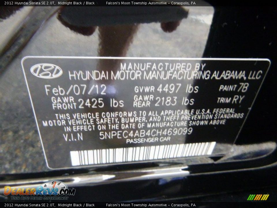 2012 Hyundai Sonata SE 2.0T Midnight Black / Black Photo #22