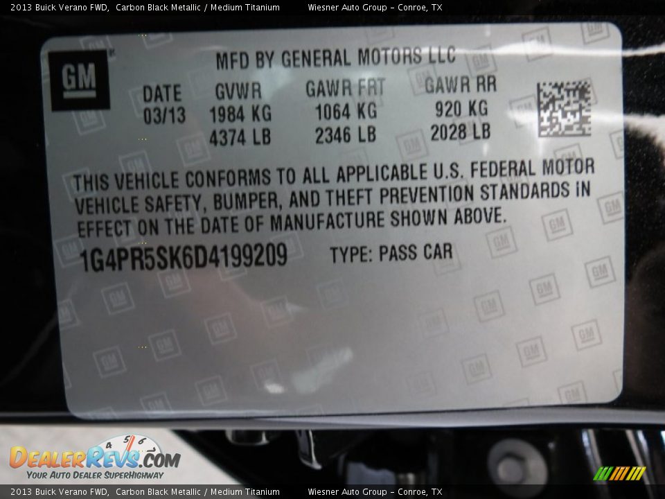 2013 Buick Verano FWD Carbon Black Metallic / Medium Titanium Photo #6