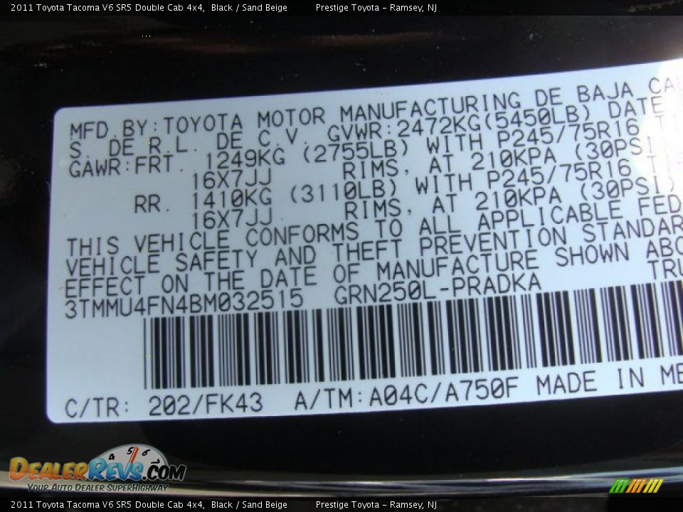 2011 Toyota Tacoma V6 SR5 Double Cab 4x4 Black / Sand Beige Photo #15
