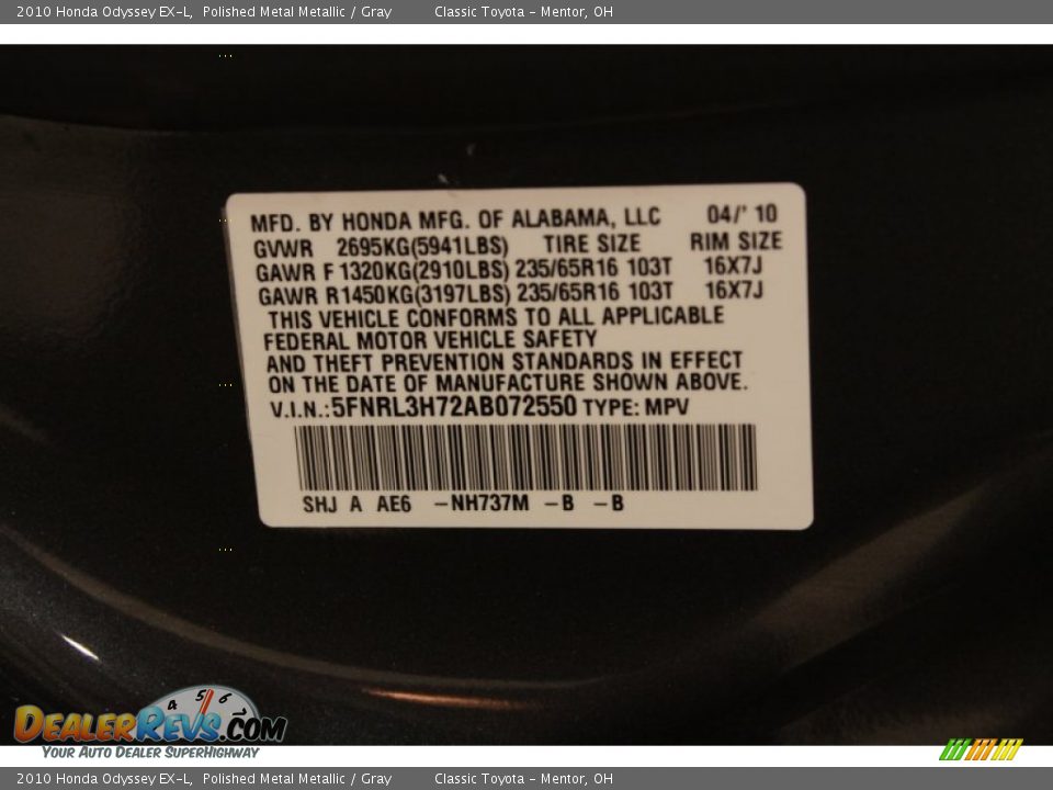 2010 Honda Odyssey EX-L Polished Metal Metallic / Gray Photo #20