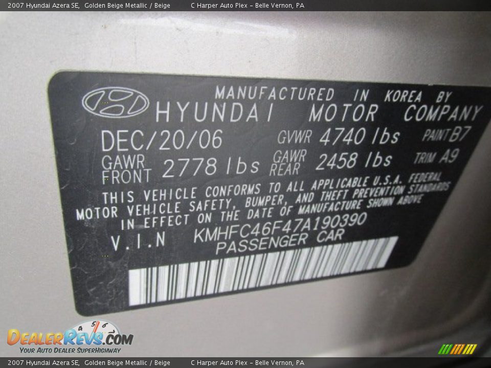 2007 Hyundai Azera SE Golden Beige Metallic / Beige Photo #24