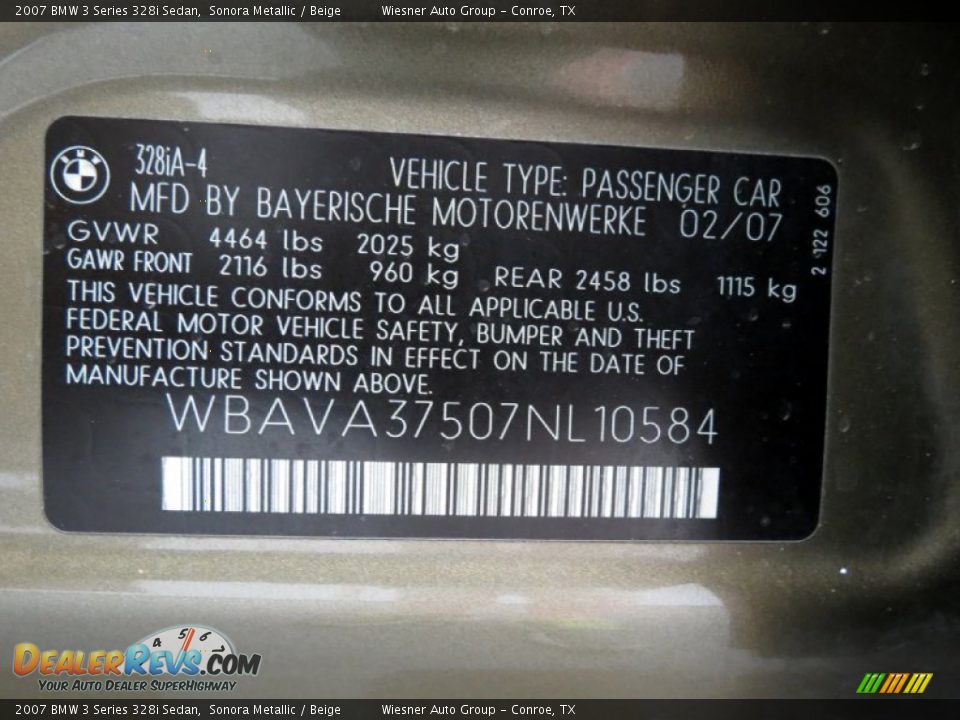Info Tag of 2007 BMW 3 Series 328i Sedan Photo #23