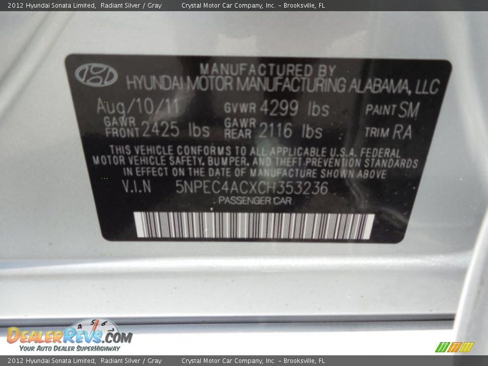 2012 Hyundai Sonata Limited Radiant Silver / Gray Photo #23