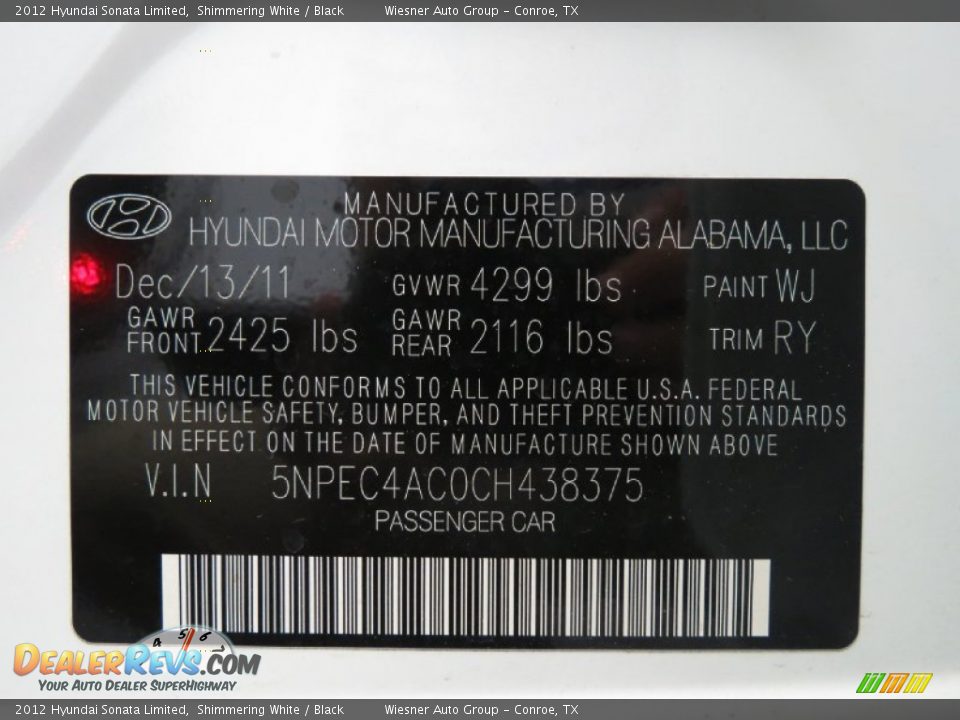 2012 Hyundai Sonata Limited Shimmering White / Black Photo #29