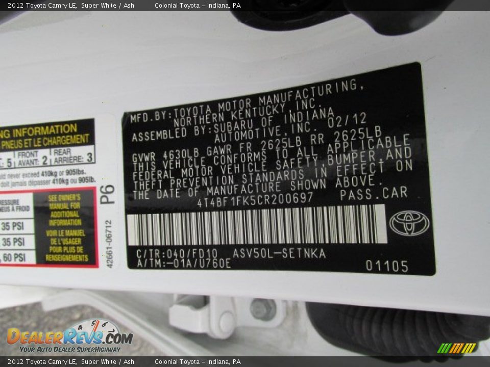 2012 Toyota Camry LE Super White / Ash Photo #19