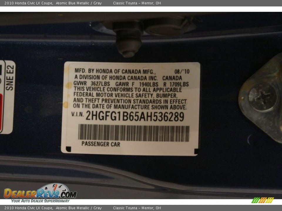 2010 Honda Civic LX Coupe Atomic Blue Metallic / Gray Photo #17
