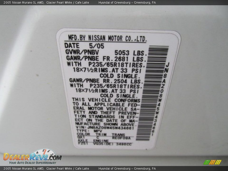 2005 Nissan Murano SL AWD Glacier Pearl White / Cafe Latte Photo #26