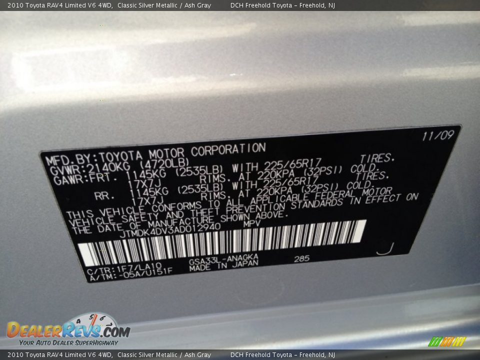 2010 Toyota RAV4 Limited V6 4WD Classic Silver Metallic / Ash Gray Photo #17