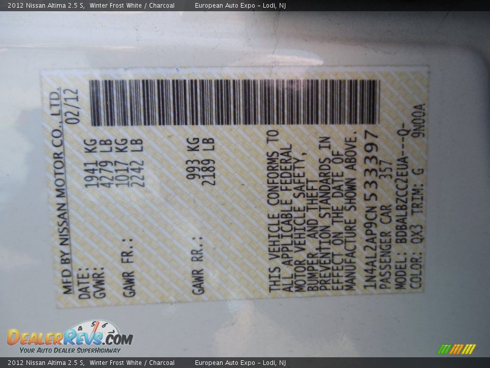 2012 Nissan Altima 2.5 S Winter Frost White / Charcoal Photo #30