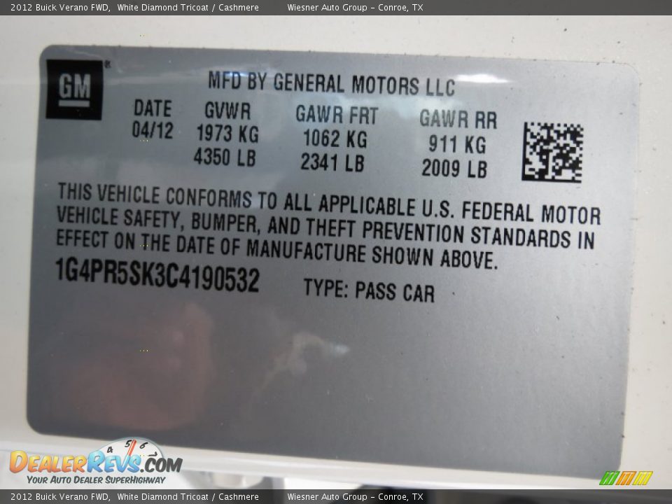 2012 Buick Verano FWD White Diamond Tricoat / Cashmere Photo #7