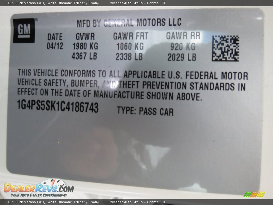 2012 Buick Verano FWD White Diamond Tricoat / Ebony Photo #7