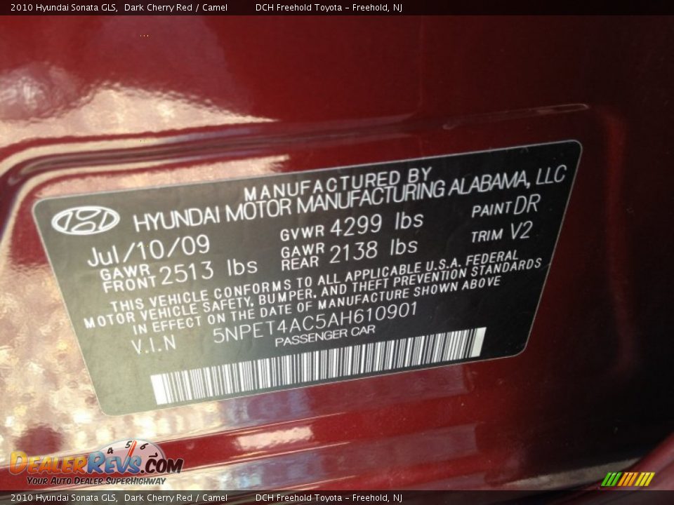 2010 Hyundai Sonata GLS Dark Cherry Red / Camel Photo #17