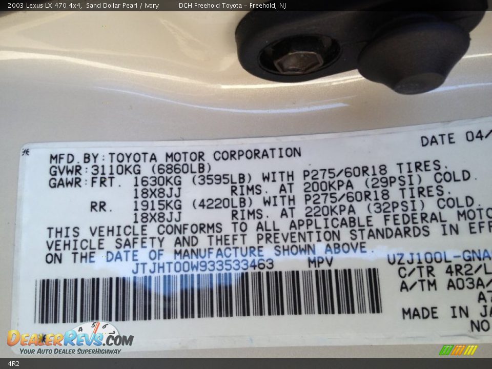 Lexus Color Code 4R2 Sand Dollar Pearl