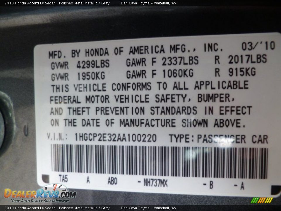 2010 Honda Accord LX Sedan Polished Metal Metallic / Gray Photo #13