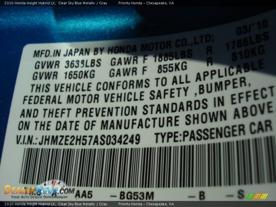 2010 Honda Insight Hybrid LX Clear Sky Blue Metallic / Gray Photo #23