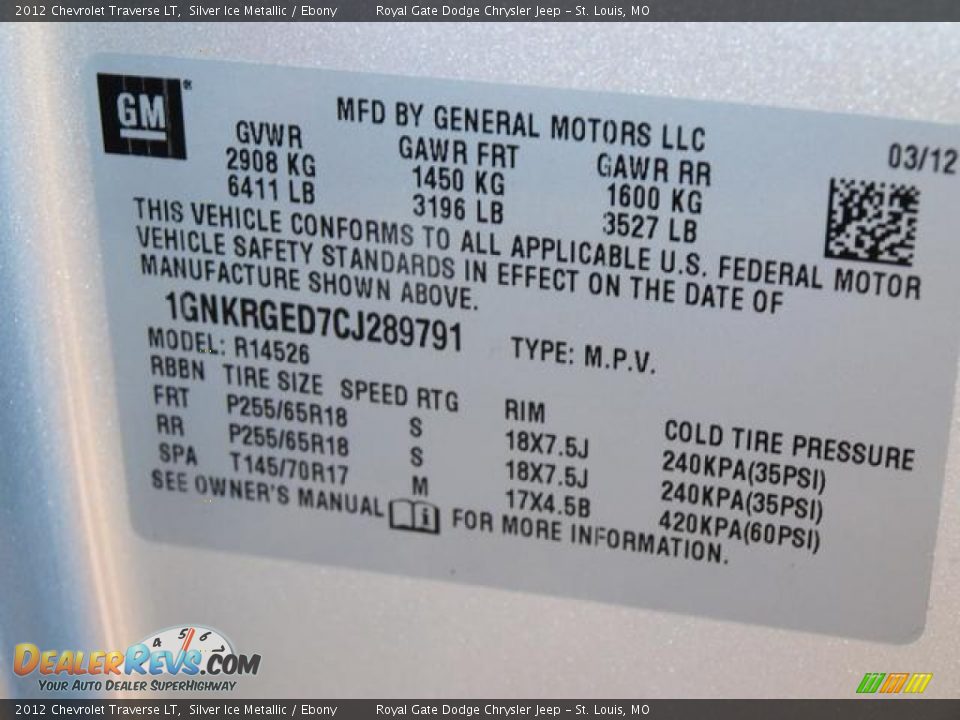 2012 Chevrolet Traverse LT Silver Ice Metallic / Ebony Photo #17