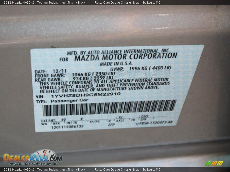 2012 Mazda MAZDA6 i Touring Sedan Ingot Silver / Black Photo #17